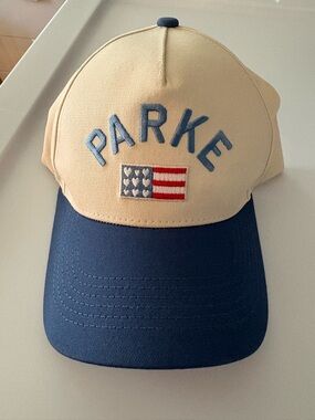 PARKE Embroidered Baseball Cap in Cream and Navy Flag
